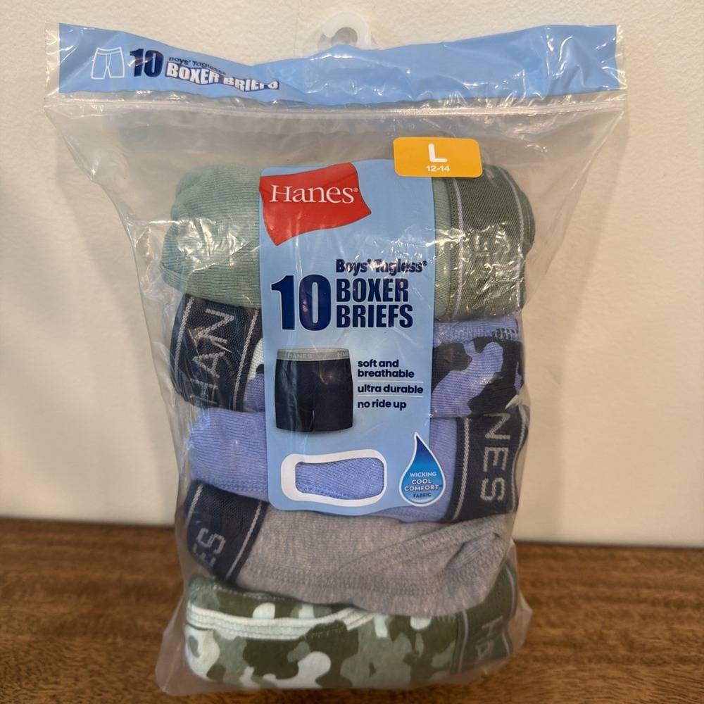 Hanes Boys Tagless Boxer Briefs Size Youth Large 12-14 Comfort Flex 10-Pack NEW